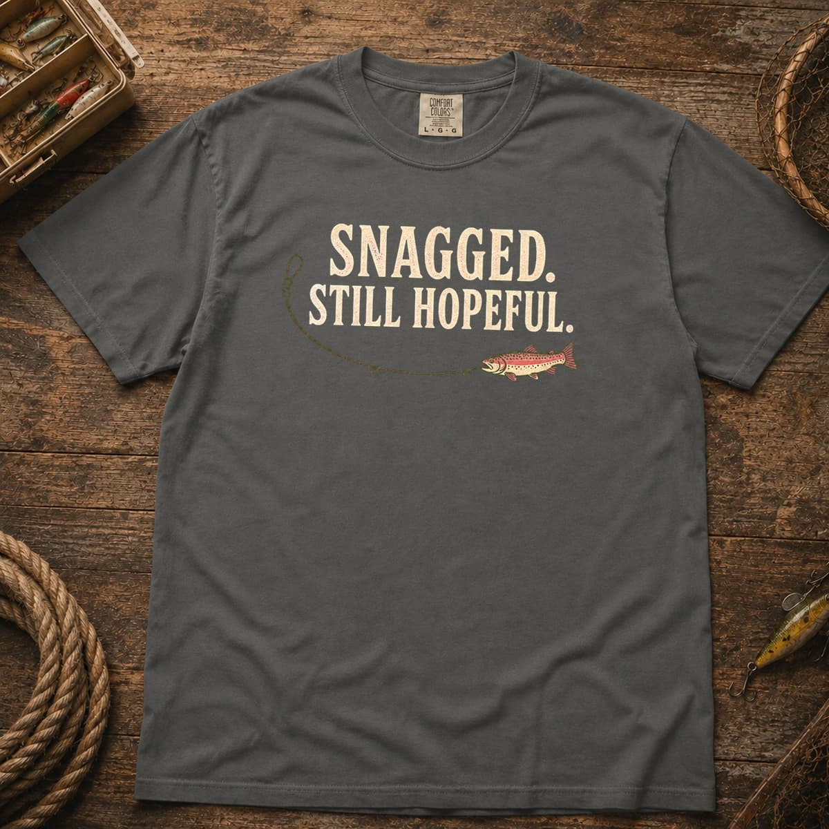 Snagged. Still Hopeful. t-shirt in Pepper, photo 1