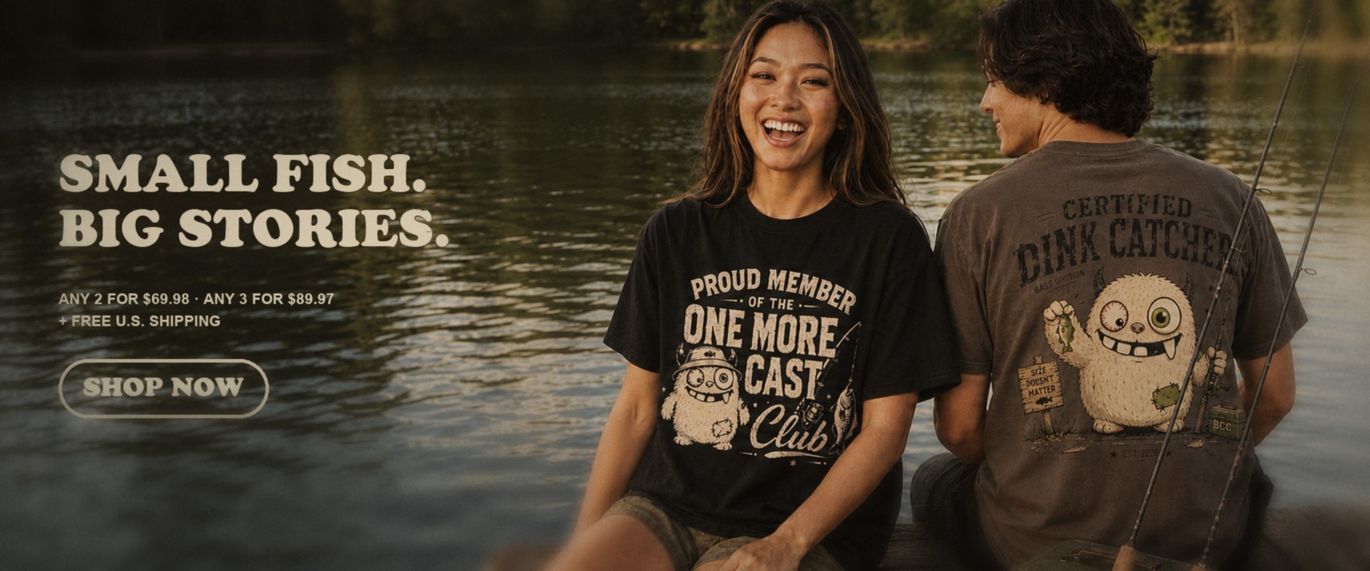 Two friends on a dock in Barely Certified Fishing shirts, one holding up a very small fish